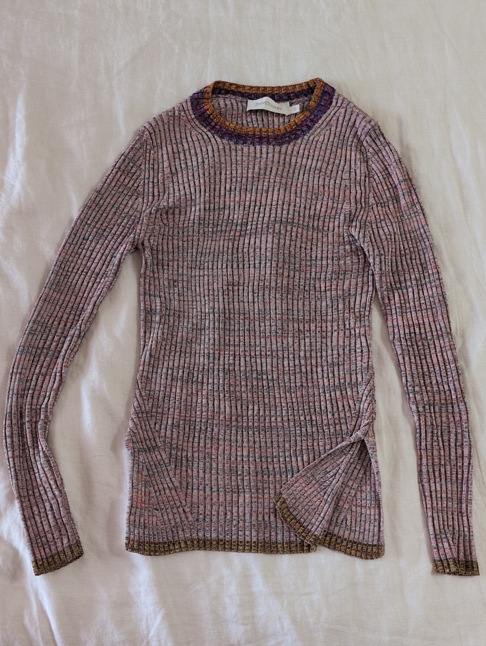 Zimmermann Pink Ribbed Crewneck Sweater with Purple and Gold Trim